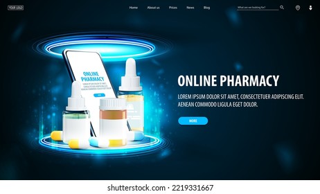 Online pharmacy, blue banner with smartphone and medicine elements inside blue portal made of digital rings in dark empty scene