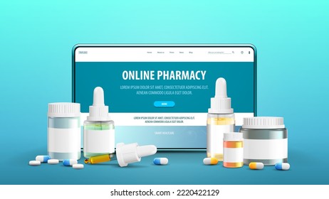 Online pharmacy, blue banner with tablet with offer on screen and medications