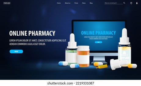 Online pharmacy, blue banner for website with monitor and medicine elements