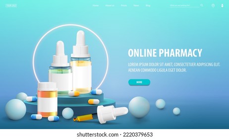 Online pharmacy, blue banner for website with podium, medications and neon ring on background