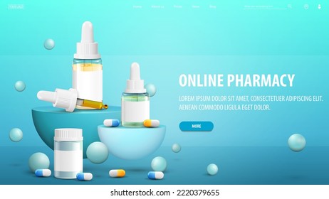 Online pharmacy, blue banner for website with semicircular pedestals with medications and bouncing spheres around.