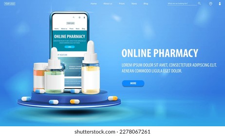 Online pharmacy, blue web banner with interface elements and smartphone with medications on podium