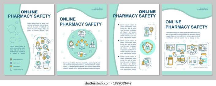 Plantilla de folleto de farmacia en línea. Orden de Internet, seguridad en línea. Volante, folleto, folleto impreso, diseño de portada con iconos lineales. Diseños vectoriales para revistas, informes anuales, afiches publicitarios
