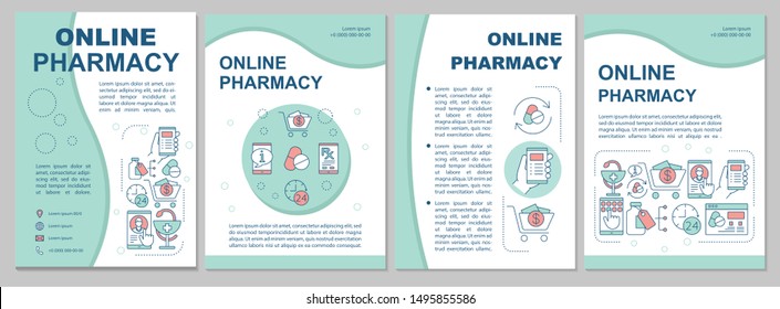 Online pharmacy brochure template layout. Internet drugstore. Flyer, booklet, leaflet print design with linear illustrations. Vector page layouts for magazines, annual reports, advertising posters