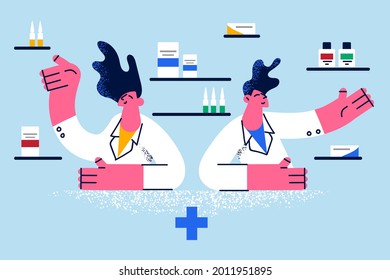 Farmacia en línea y elección del concepto de medicamentos. Jóvenes farmacéuticos sentados ofreciendo una gama de tratamientos de drogas para clientes en la página web de farmacia ilustraciones vectoriales