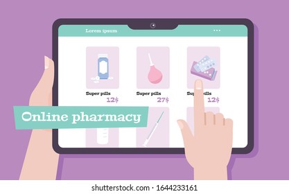 Online pharmacy composition with flat images of human hand holding tablet buying pills with editable text vector illustration