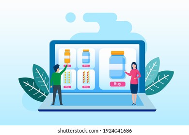 Farmacia online con ordenador. Consulta virtual fácil de pedir con el médico. plantilla de vector plano de la ilustración del sitio web de la página de destino.