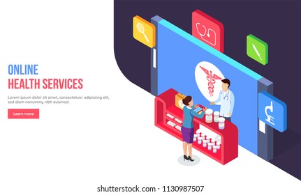 Online pharmacy concept. 3D Isometric design with boy and girl standing on medical counter in front of smartphone, medical care app for Online health service website landing page.