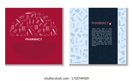 Banner de concepto de farmacia en línea con lugar de texto. Banner médico vector plano para volante o en línea. Gráficos con imágenes de instrumentos y dispositivos médicos.
