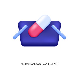 online pharmacy concept. buy or order medicine online. health services. illustration of shopping basket with capsule medicine. symbol or icon. minimalist 3d style design. asset elements