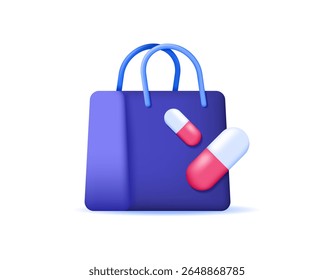 online pharmacy concept. buy or order medicine online. health services. illustration of shopping bag with capsule medicine. symbol or icon. minimalist 3d style design. asset elements
