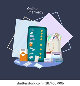 Online pharmacy. Concept of buying medicines on the Internet by phone. The bag contains medicines, bottles of liquid and pills. Purchase at the pharmacy. For website web page. Vector, flat style.

