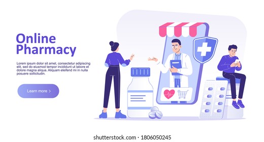 Online pharmacy concept. Doctor pharmacist in online drugstore standing in smartphone with medical supplies and pills. Landing page template. Website home page. Vector illustration for web banner