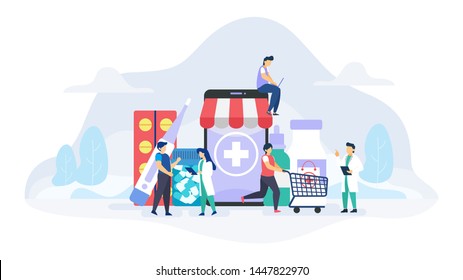 Online Pharmacy concept flat vector illustration for landing page, banner, web design, business