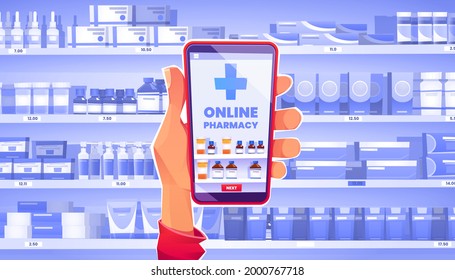 Online pharmacy concept, hand holding smartphone with application for ordering medicine in internet. Customer at drugstore shelf with pills, medicals and remedy products Cartoon vector illustration