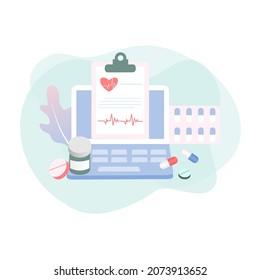 Online pharmacy concept of healthcare, drugstore and e-commerce. Flat Vector illustration of prescription drugs, first aid kit and medical supplies being sold online via web or computer technology.