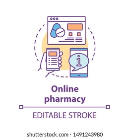 Online pharmacy concept icon. Virtual pharmacist service idea thin line illustration. Internet drugstore website, medical advice forum. Vector isolated outline drawing. Editable stroke