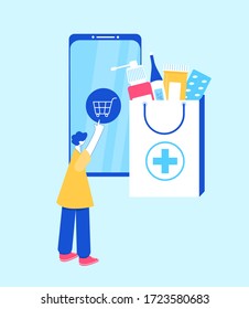 Online pharmacy concept. Man makes an order in a pharmacy using a smartphone. Gadget with medicine shopping bag. Vector illustration