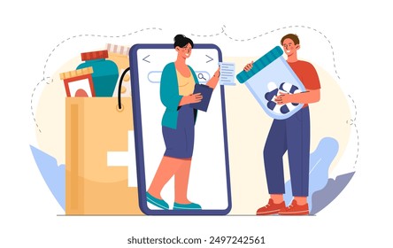 Online pharmacy concept. Man with tablets and woman near smartphone screen. Health care and medicine, pharmaceutical treatment. Shopping on internet and home delivery. Flat vector illustration