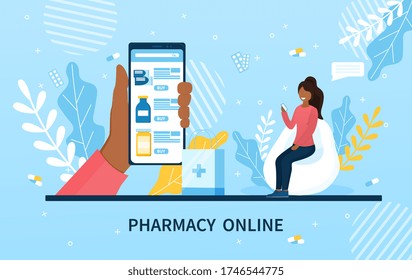 Online Pharmacy concept with medical app on a handheld mobile phone showing medications and a young woman ordering, colored vector illustration