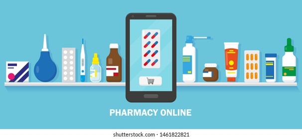 Online pharmacy concept. Medication on the shelf and smartphone for buying on the blue background. Vector illustrtion.