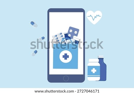 Online pharmacy concept.  Medicine ordering with mobile phone and shopping bag vector render illustration
