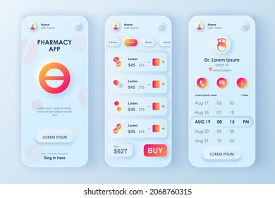 Online pharmacy concept neumorphic templates set. Choose and buy of tablets and medicines, payment for order. UI, UX, GUI screens for responsive mobile app. Vector design kit in neumorphism style