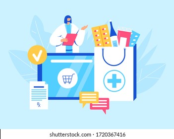 Online pharmacy concept. Pharmacist helps to collect an order on the site. Gadget with medicine shopping bag. Vector illustration