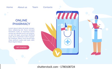Concepto de farmacia en línea. El farmacéutico ayuda a recoger un pedido en el sitio. Gadget con bolso de compra de medicinas. Ilustración del vector