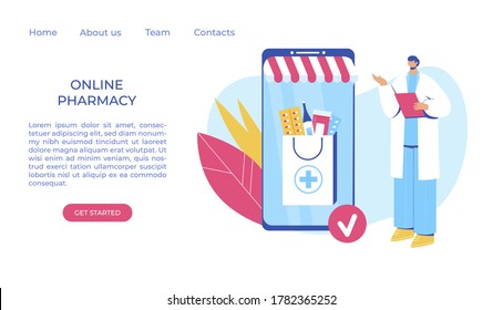 Online pharmacy concept. Pharmacist helps to collect an order on the site. Gadget with medicine shopping bag. Vector illustration.