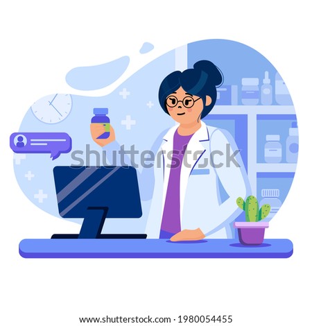 Online pharmacy concept. Pharmacist processes order for purchase of medicines via web page. Online drugstore service. Template of people scenes. Vector illustration with characters in flat design