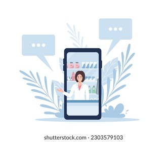 Concepto de farmacia en línea, farmacéutico en smartphone - ilustración vectorial plana aislada en fondo blanco. Contador de farmacia digital. Concepto de salud.