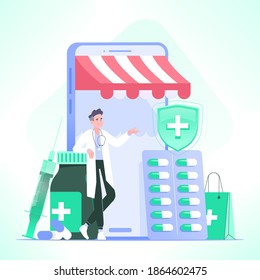Online pharmacy concept. Pharmacist standing near smartphone. Medicine pills, medical syringe and bottle in front of phone. Online drugstore concept, vector illustration