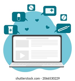 Online pharmacy concept. Recipe and instructions on the laptop screen. Purchase, ordering medicines online. Vector flat illustration