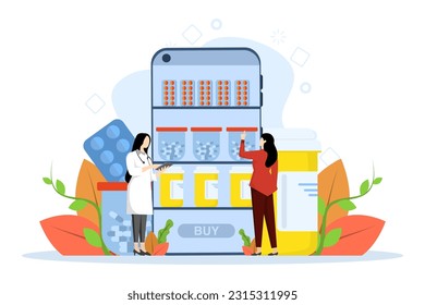 Online Pharmacy Concept, Showing Pharmacist giving medication advice and counseling to customer, Suitable for landing page, UI, web, app intro card, editorial, flyer, and banner, Vector Illustration.