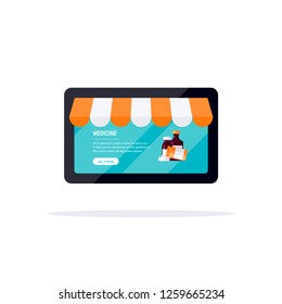 Online pharmacy concept. Tablet with opened webpage of a drugstore. Vector illustration in flat style
