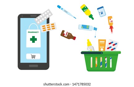 Online Pharmacy Concept Vector Illustration. Medication Is Flying From Smartphone To Shopping Basket.  