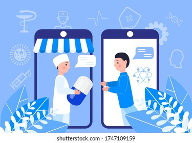 Online pharmacy concept vector. Pharmacist gives pill. Customer buys medication in smartphone screen. Online doctor consultation and remote drugstore illustration. Healthcare banner for app, web.
