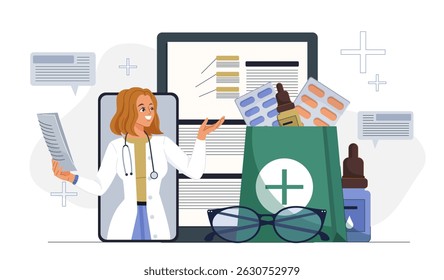 Online pharmacy concept. Woman in medical uniform near pills and drugs. Pharmacist sells medicines. Drug treatment, online store. Pharmacist on smartphone screen. Flat vector illustration