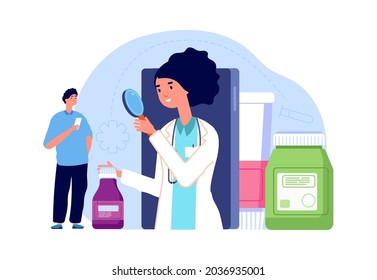 Online pharmacy concept. Woman pharmacist look at medication. Man need medical help, telemedicine vector scene