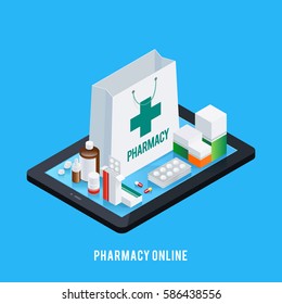 Online pharmacy conceptual composition with isometric images of tablet and various pharmaceutical drugs on screen top vector illustration