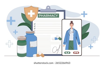 Online pharmacy consultation with female doctor on smartphone screen, medication bottles, and prescription list on clipboard. Vector illustration