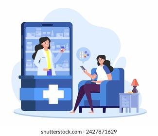 Online pharmacy Customer sitting on sofa and ordering medicines online female doctor pharmacist in online drugstore supplies medicines and pills vector illustration.