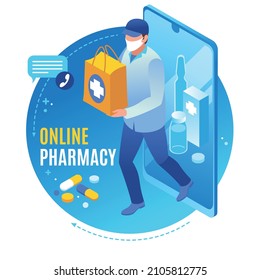 Online Pharmacy, delivery of medicines to the customer's home, vector illustration isometric icons on isolated background