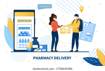 Online Pharmacy Delivery service with a deliveryman in a mask handing over packages to a young woman with mobile phone app showing medications during the Covid-19 pandemic, colored vector illustration