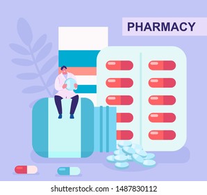 Online pharmacy design concept. Flat cartoon vector illustration with small characters for web site design, banner, landing page. Buy medicaments online. E-commerse site design.