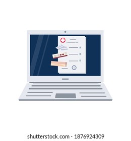 Online pharmacy. Doctor's prescription with stamp and list. Online ordering of medicines via laptop. Registration of a doctor's prescription via the Internet. Vector image, flat style