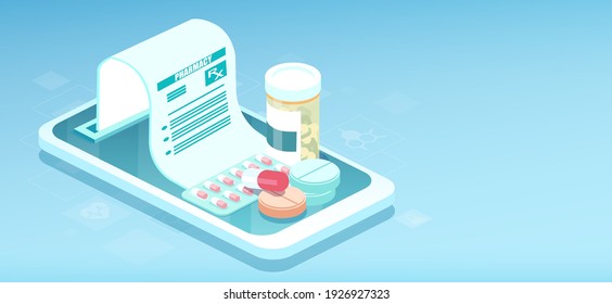 Online pharmacy and drug prescription concept. Vector of a smartphone with app to fulfil prescription medicine 