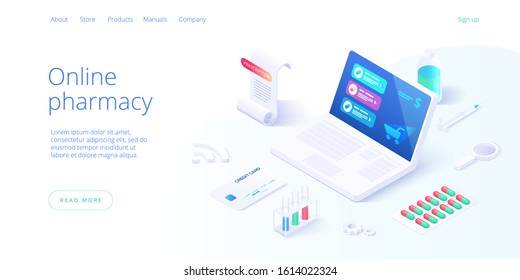 Online pharmacy or drug store concept in isometric vector illustration. Internet shopping or order with laptop. Background with medicines and equipment. Web banner layout template.