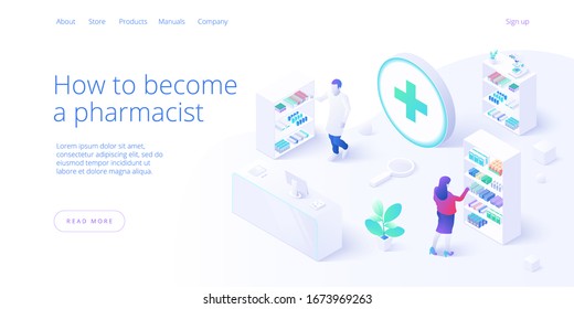 Online pharmacy or drug store concept in isometric vector illustration. Internet shopping or order with laptop. Background with medicines and equipment. Web banner layout template.